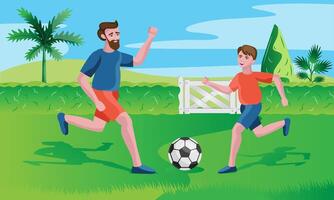far och son spelar fotboll i trädgård vektor