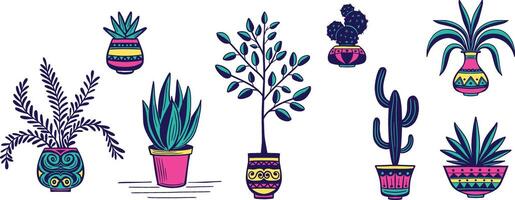 inomhus- och utomhus- trädgård växter i pott hand dragen vektor illustration