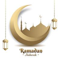 Ramzan mubarak hälsning med islamic moské strukturera och eid måne vektor