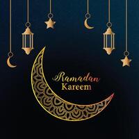 Ramadan kareem Design mit dekorativ Laterne und islamisch Blumen- Dekoration. Ramadan Mubarak Hintergrund. Ramadan Mubarak Gruß Karte Design mit Vektor Illustration. Halbmond Vektor Illustration.