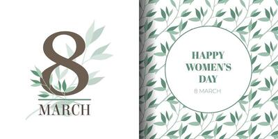 skön uppsättning av vykort för Mars 8 och kvinnors dag med blommig blad mönster. modern minimalistisk och platt design vektor