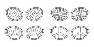 söt färg sida, årgång solglasögon i 70s stil. svart och vit kontur retro klotter element på en vit bakgrund, enkel illustration för barn. skriva ut med ränder, Sol, stjärna och fred tecken vektor