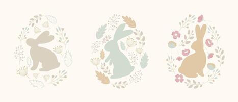 påsk kort, baner med kaniner, ägg, blommor. påsk ägg med en mönster av blommor i folk stil vektor