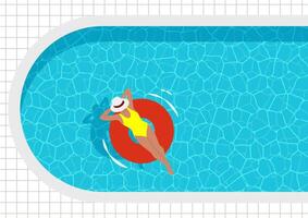 vektor illustration av ett oval simning slå samman med blå vatten, topp se. en solbränd kvinna flyter på ett uppblåsbar ringa.