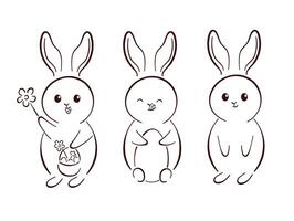 süß einstellen von Ostern Hase im Linie Kunst Stil. Hase mit Blumen, Korb und Eier. Vektor Illustration isoliert auf ein Weiß Hintergrund.