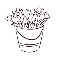 Eimer mit Frühling Gänseblümchen und Tulpe Blumen im Linie Kunst Stil. Vektor Illustration isoliert auf ein Weiß Hintergrund.