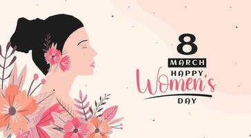 8 Mars kvinnor dag hälsning kort design med ung kvinna illustration och blomma vektor