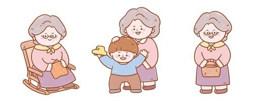 Vektor süß Illustration Stil. glücklich Kindergarten Junge halten Auto Spielzeug, Frau gemächlich Stricken und Einkaufen