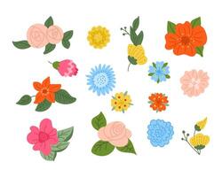 platt färgad klotter vår blomma uppsättning. oärlig hand dragen blomma på vit bakgrund. idealisk för dekoration, klistermärken, hälsningar, baner och bakgrund vektor