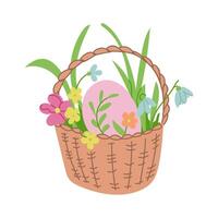 Pastell- Ostern Korb mit Blumen und Ostern Ei. Frühling Konzept. skizzenhaft Hand gezeichnet Element auf Weiß Hintergrund. Ideal zum Dekoration, Aufkleber, Grüße, Banner und Hintergrund vektor