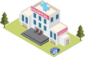 isometrisches Krankenhausgebäude mit Krankenwagen vektor