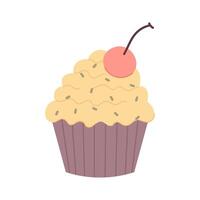 festlich Muffin mit Kirsche im eben Stil. Vektor Illustration von ein Cupcake mit Belag auf ein Weiß Hintergrund. hausgemacht Backen.