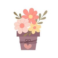 blommor i en pott i platt stil. vår blommor i en dekorativ pott på en vit bakgrund. vår dekor. vektor
