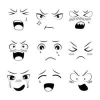 Anime Emotion Wirkung. ein einstellen von Gekritzel Abbildungen von anders Emotionen im Anime Stil. vektor