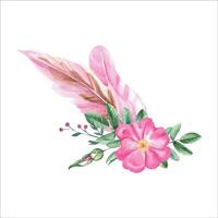 vattenfärg sammansättning från hund reste sig blommor, löv, knoppar och rosa fjädrar. botanisk hand dragen illustration. vektor