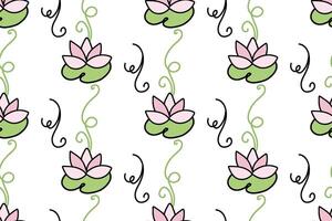 nahtlos Muster mit Lotus und Wasser Lilien. Hand gezeichnet Kritzeleien isoliert auf Weiß Hintergrund. farbig Vektor Design im Karikatur Stil zum Textil- drucken oder Verpackung.