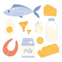 einstellen von Produkte enthält Vitamin d. Lebensmittel hoch im Vitamin d. Hand gezeichnet Sammlung von Vitamin d. Vektor Illustration.