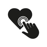 Zeiger klicken das Herz gestalten Silhouette Symbol. Liebe, online Dating Glyphe Piktogramm. mögen Taste auf Sozial Medien. Romantik beim Valentinstag Tag Symbol. isoliert Vektor Illustration
