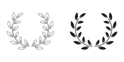 laurel krans, kaplett, seger certifikat symbol samling. foliate tilldela linje och silhuett svart ikon uppsättning. träd gren, vinnare emblem, oliv blad piktogram. isolerat vektor illustration