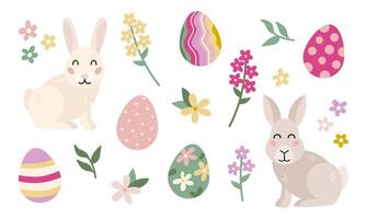 påsk vår element uppsättning med söt kanin, ägg, blommor. vektor illustration