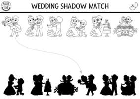 Hochzeit schwarz und Weiß Schatten passend Aktivität mit Braut, Bräutigam. Ehe Zeremonie Puzzle mit süß gerade verheiratet Paar. finden richtig Silhouette druckbar Arbeitsblatt, Färbung Seite zum Kinder vektor