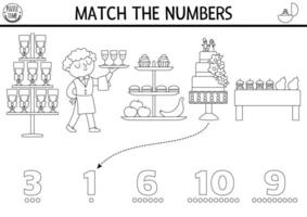 Spiel das Zahlen schwarz und Weiß Hochzeit Spiel mit Bedienung und Süßigkeiten Bar Lebensmittel. Ehe Zeremonie Mathematik Linie Aktivität zum Vorschule Kinder. lehrreich Zählen Arbeitsblatt oder Färbung Seite vektor