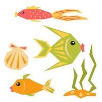 uppsättning av marin fisk och vatten- växt, snäckskal. tecknad serie hav liv i applique stil. klämma konst vektor