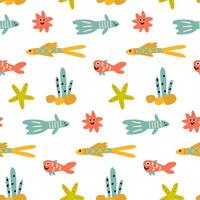 sömlös bakgrund med fiskar, sjöstjärna, tång. marin mönster vektor