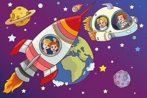 Vektor Illustration von Kinder und Rakete.klein Kinder sind glücklich fliegend auf ein Rakete. hell Bilder zum Kinder- Tapeten, Bücher, Comics und Färbung Bücher.