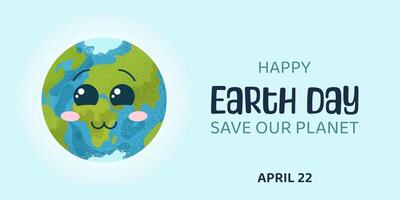Lycklig jord dag. miljö- skydd. affisch i tecknad serie stil med emoji planet jord och slogan. omtänksam för natur. vektor illustration för baner, social media posta, firande kort, flygblad.