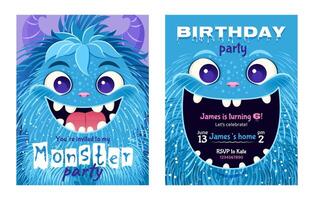 monster fest inbjudan uppsättning. Lycklig födelsedag hälsning kort. festlig vykort terar en fluffig tecknad serie monster. vektor design med en söt varelse för din firande händelse. skiktad mall.