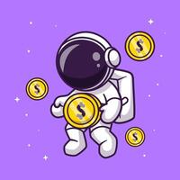 söt astronaut flytande med guld mynt tecknad serie vektor ikon illustration. vetenskap finansiera ikon begrepp isolerat premie vektor. platt tecknad serie stil