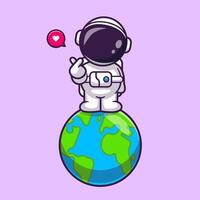 süß Astronaut Stehen auf Erde mit Liebe Zeichen Karikatur Vektor Symbol Illustration. Wissenschaft Technologie Symbol Konzept isoliert Prämie Vektor. eben Karikatur Stil