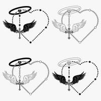 Vektor Design von geflügelt Kreuz mit herzförmig Rosenkranz, herzförmig Rosenkranz mit Flügel, Symbolik von das katholisch Religion