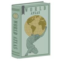 Vektor Design Atlas Buch von Welt Karten, griechisch Mythologie Titan halten das Erde Kugel