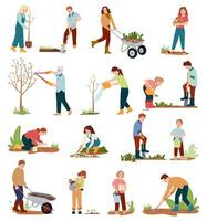 uppsättning vektor platt tecken av män, kvinnor, barn utför trädgårdsarbete Arbetar med träd buskar håller på med hobby trädgård arbete vattning, plantering, skärande, hacka, arrangera vår trädgårdsarbete begrepp med verktyg