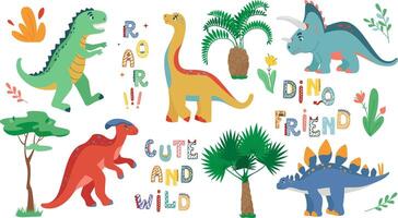 süß eben Vektor Dinosaurier Satz, Schriftzüge, Pflanzen, Blumen, Zweige, Alphabet stilisiert wie Dinosaurier. komisch Karikatur Kinder prähistorisch Eidechse Illustration zum Kinder Zimmer Dekor, drucken, Textilien