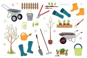 ein einstellen von Werkzeuge zum das Garten. Vektor Illustration von Gartenarbeit Elemente. Schaufel, Rechen, Schubkarren, Pflanzen, Bewässerung, Gras, Gartenarbeit Handschuhe, Wagen und Bäume. Gartenbau Konzept.