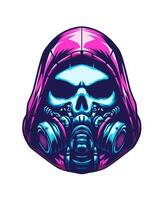 trogen mänsklig skalle hacker bär luvtröja och gas mask, neon Färg, vit bakgrund, logotyp, emblem, t skjorta, konstverk hand dragen illustration vektor