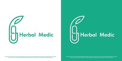 Kräuter- Gesundheit Logo Design Illustration. Silhouette von medizinisch Medizin Pille Pflanze Öko Natur Kräuter- Krankenhaus Apotheke Klinik. einfach minimal minimalistisch geometrisch modern abstrakt Kapsel Linie Symbol. vektor