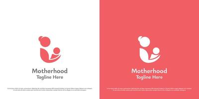 Kind Mutterschaft Logo Design Illustration. Silhouette von Mutter Umarmen Baby Hebamme. Symbol Symbol einfach minimal glücklich Sanft friedlich warm abstrakt dankbar Pflege Unterstützung Hilfe Säugling Kind Sohn Familie. vektor