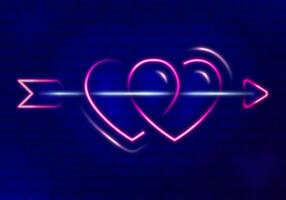 två kärlek ljus linje neon genomborrad förbi lysande cupid pilar för placerad i middagar restaurang, hotell, barer. designad för affisch, befordran, broschyr, flygblad. vektor illustration