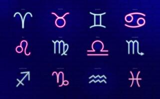 neon ljus linje illustration av de zodiaken tecken Inklusive gemini, skorpion, Jungfrun och väduren. kan vara Begagnade för hemsida, affisch, flygblad, broschyr, annonser, promo vektor