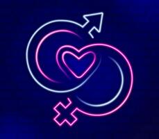 Liebe Licht Linie Neon- mit zwei Geschlechter gebunden mit jeder andere zum platziert im Riegel, Hotels, Restaurant auf Valentinstag Tag. entworfen zum Poster, Förderung, Broschüre, Flyer. Vektor Illustration