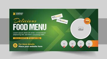 schnell Essen oder Restaurant Geschäft Beförderung Sozial Medien Marketing Netz Banner Vorlage mit Logo und Symbol, Pizza, Burger oder gesund Essen Geschäft Werbung Flyer Design Layout vektor