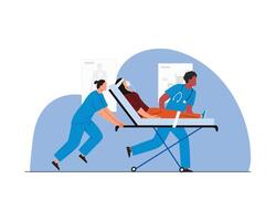 Arzt und Krankenschwester Laufen während geduldig im Bahre zum ein Notfall Situation. Vektor Illustration Design zum Gesundheit Pflege und medizinisch Thema