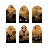 Sammlung von orientalisch Stil islamisch Fenster und Bögen mit modern Boho Design, Mond, Moschee Kuppel und Laternen vektor