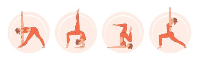 yoga poser uppsättning. samling av kvinna utför fysisk övningar. karaktär demonstrera olika yoga positioner isolerat på vit bakgrund. vektor illustration.
