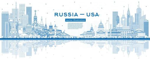 översikt ryssland och USA horisont med blå byggnader. känd landmärken. USA och ryssland begrepp. diplomatisk relationer mellan länder. vektor