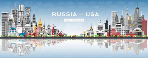 ryssland och USA horisont med grå byggnader och blå himmel. känd landmärken. USA och ryssland begrepp. diplomatisk relationer mellan länder. vektor